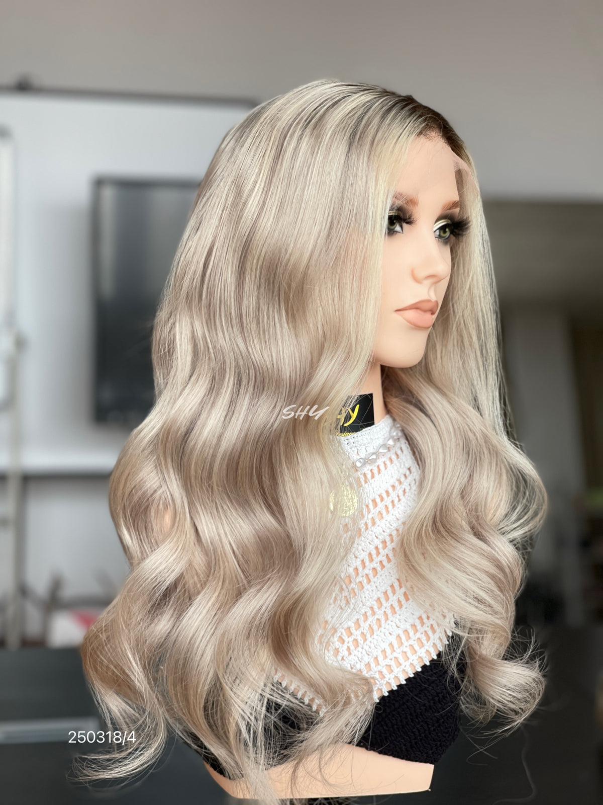 Beige Ash Blonde Middle-Part Body Wave Human Hair Lace Front Glueless Medical Wig, product view 3