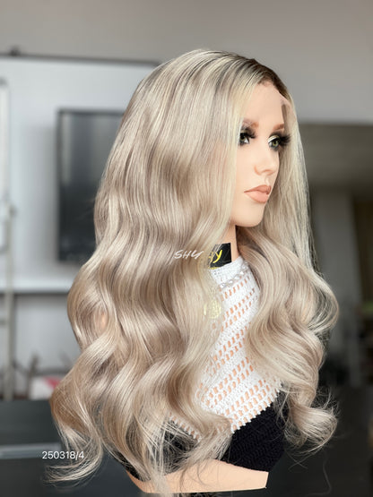 Beige Ash Blonde Middle-Part Body Wave Human Hair Lace Front Glueless Medical Wig, product view 3