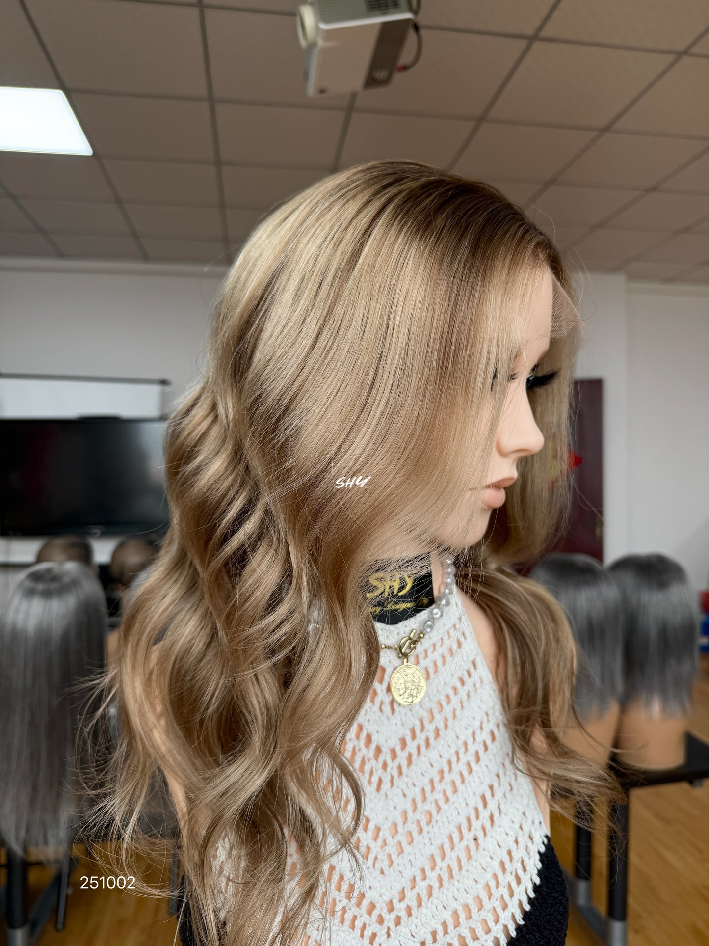 Light Brown Highlighted Middle-Part Long Wavy Human Hair Lace Front Glueless Medical Wig, product view 3