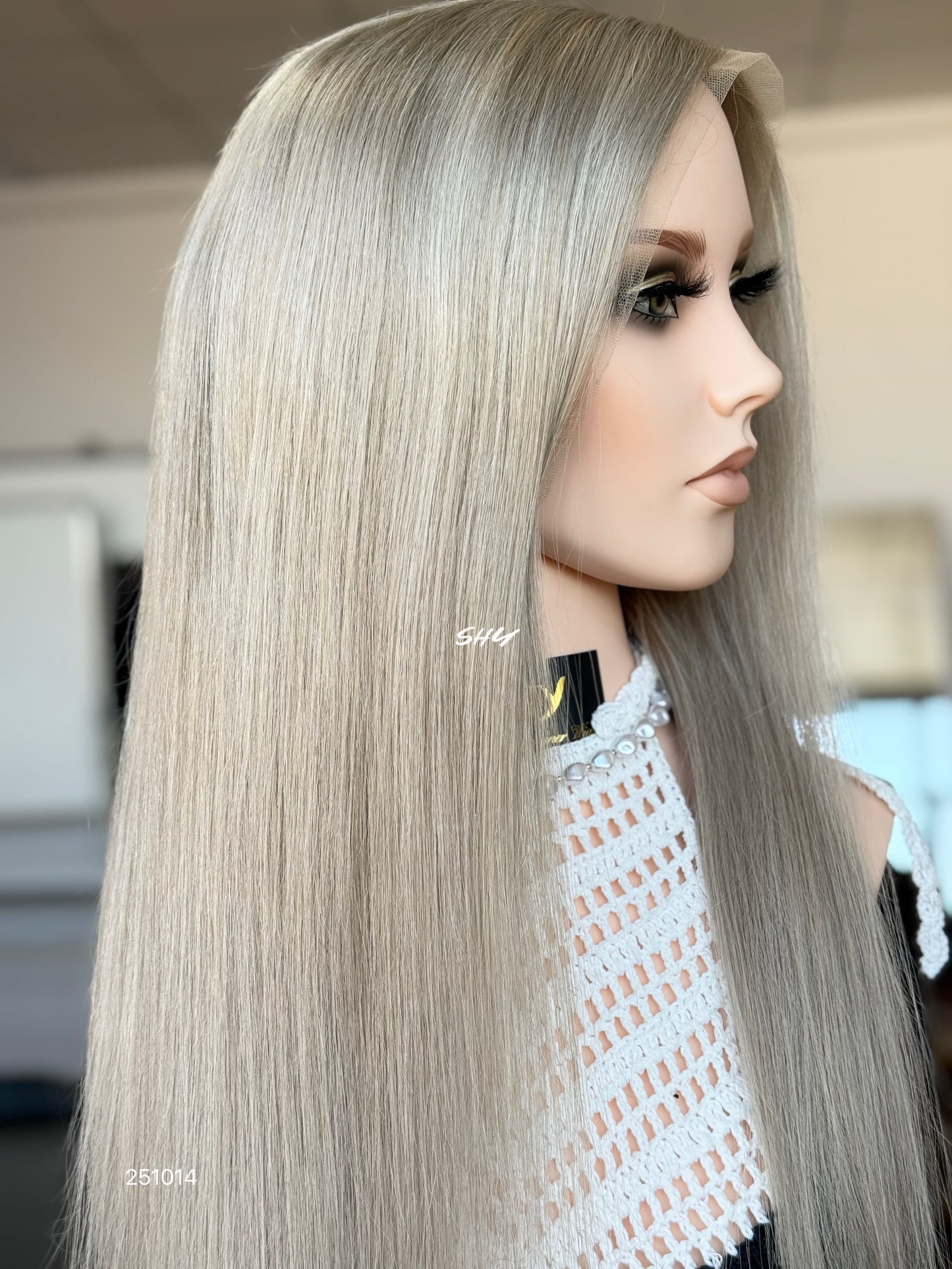 Silver Blonde Middle-Part Long Straight Human Hair Lace Front Glueless Medical Wig, product view 3