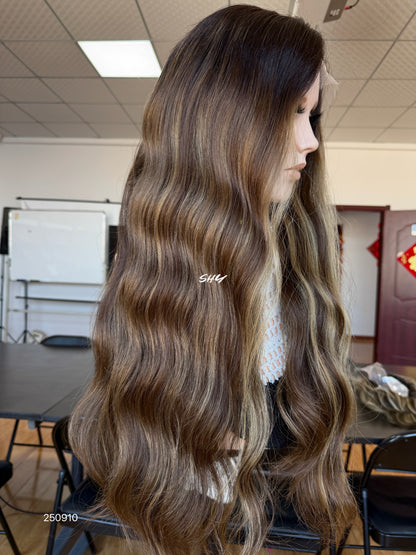 Dark Brown Highlighted Middle-Part Long Wavy Human Hair Lace Front Glueless Medical Wig, product view 3