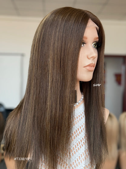 Chocolate Brown Highlighted Middle-Part Long Straight Human Hair Lace Front Glueless Medical Wig, product view 3