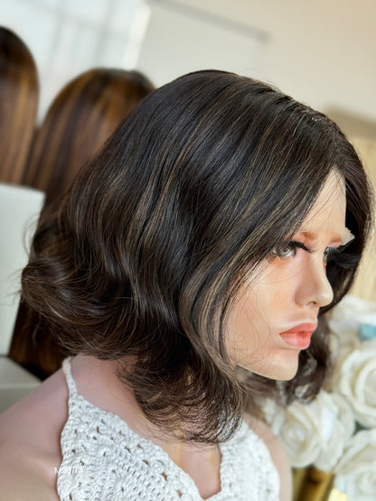 Dark Ash Brown Middle-Part Short Wavy Bob Human Hair Sheitel Wig, product view 3