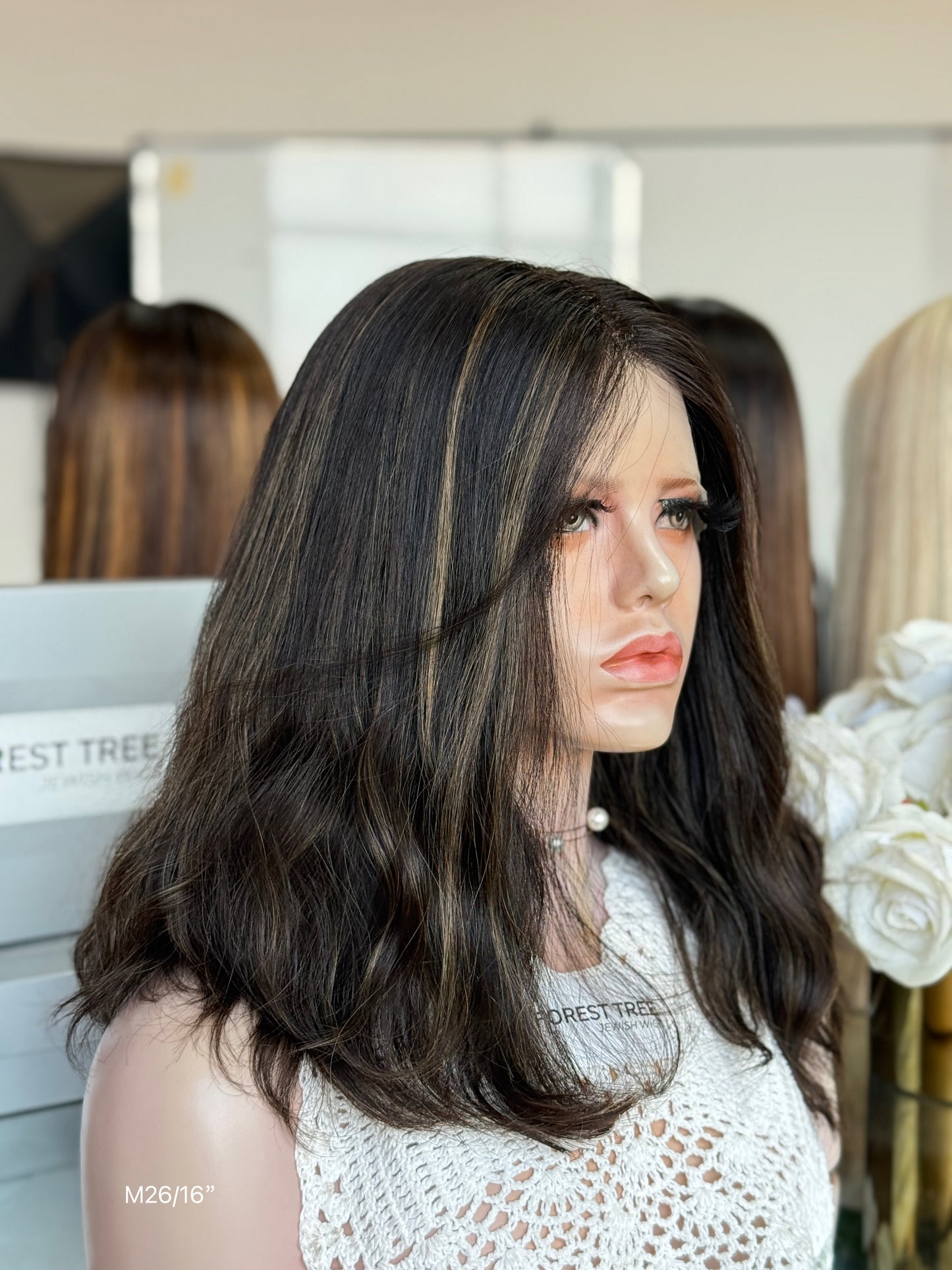 Dark Ash Brown Middle-Part Shoulder-Length Wavy Human Hair Sheitel Wig, product view 3