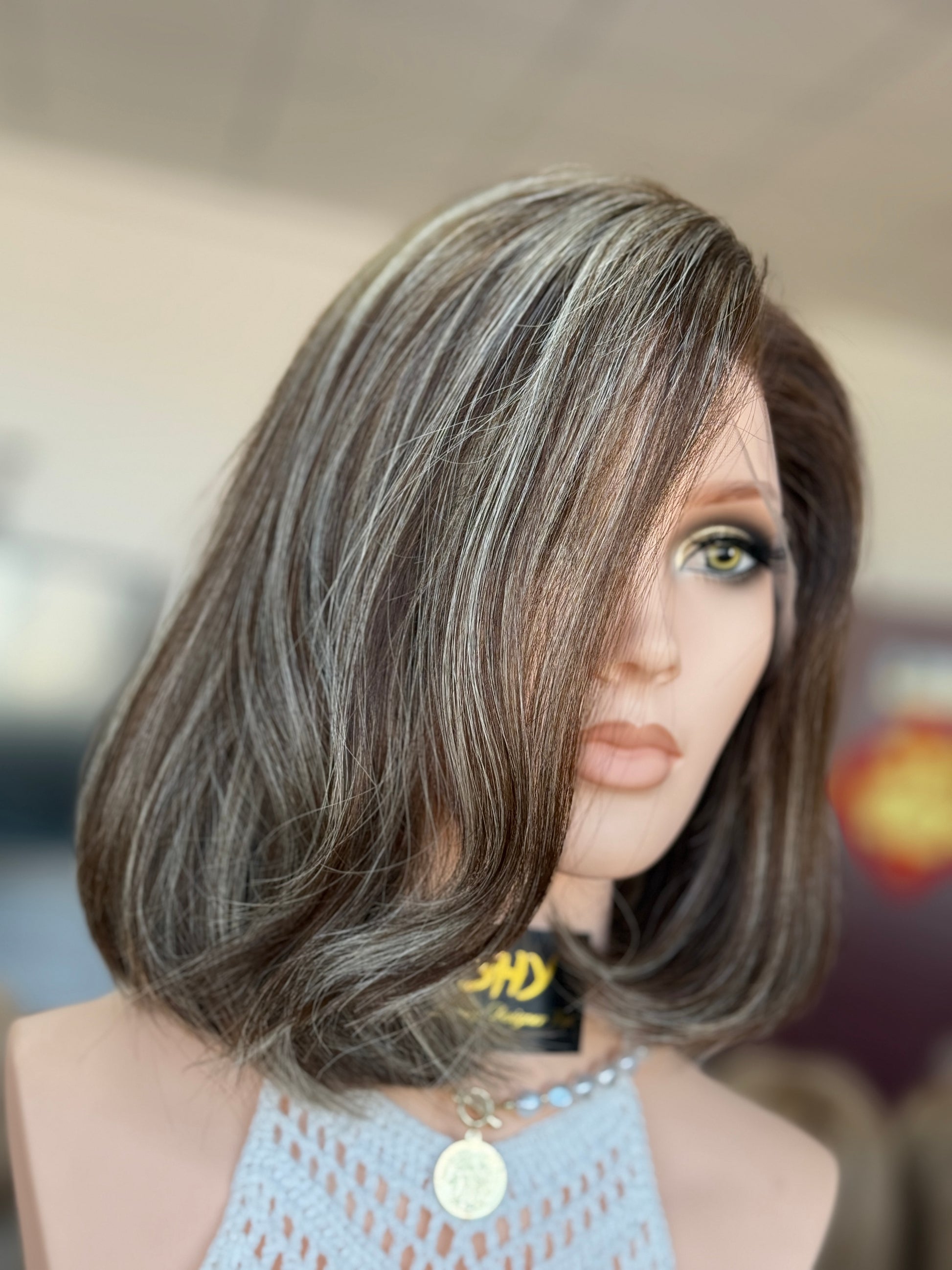 Highlighted Ash Brown Side-Part Short Bob Human Hair Sheitel Wig, product view 3