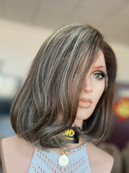 Highlighted Ash Brown Side-Part Short Bob Human Hair Sheitel Wig, product view 3