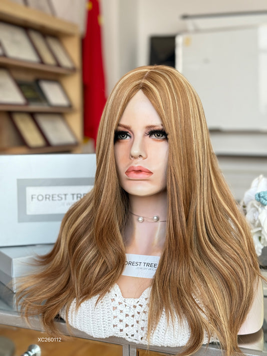 Honey Blonde Middle-Part Long Wavy Human Hair Sheitel Wig, product view 3 — alternate view