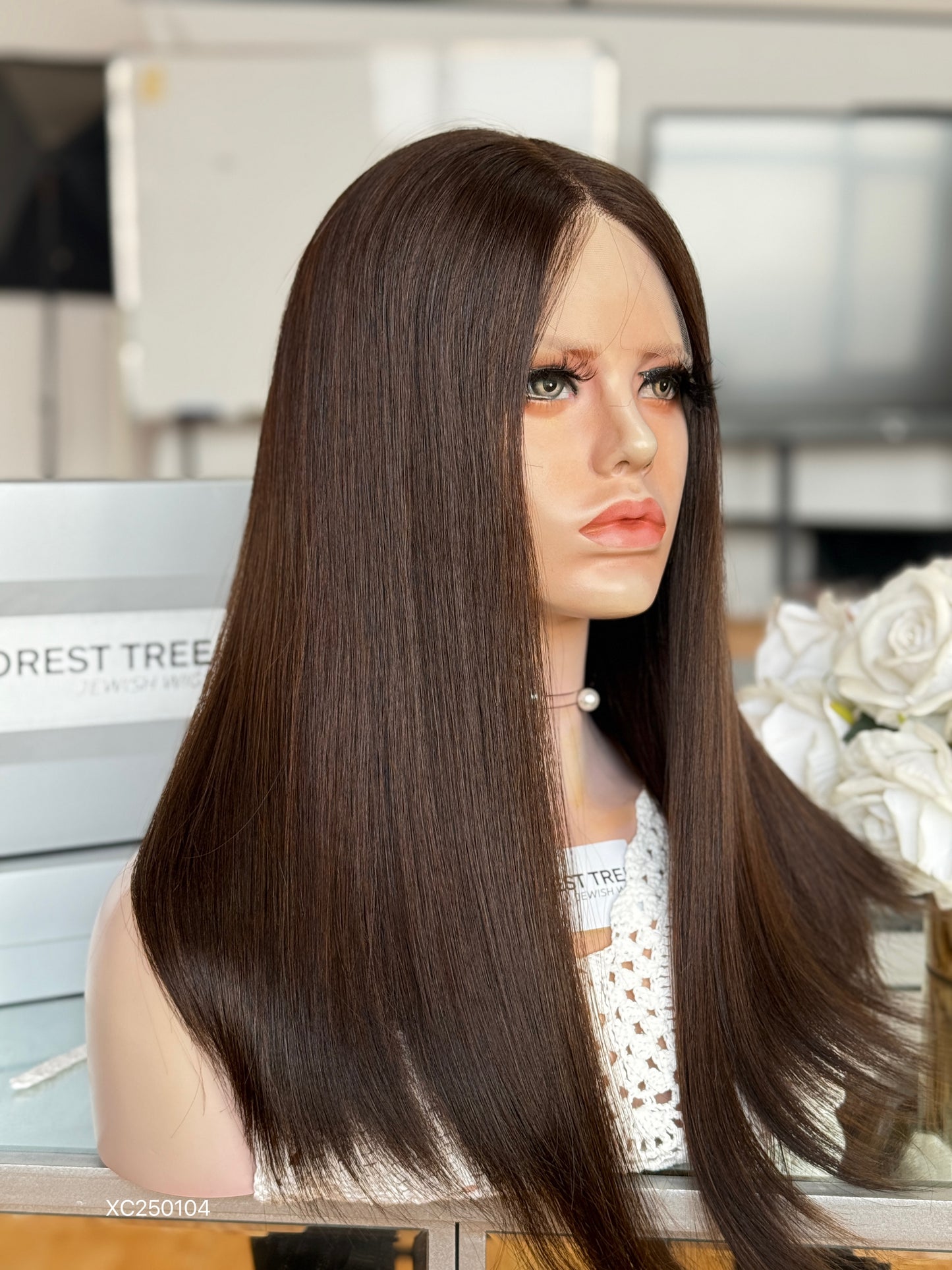 Deep Walnut Brown Middle-Part Long Straight Human Hair Sheitel Wig, product view 3