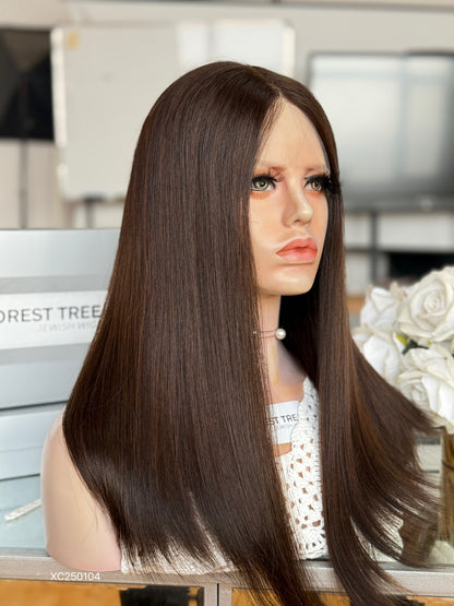 Deep Walnut Brown Middle-Part Long Straight Human Hair Sheitel Wig, product view 3