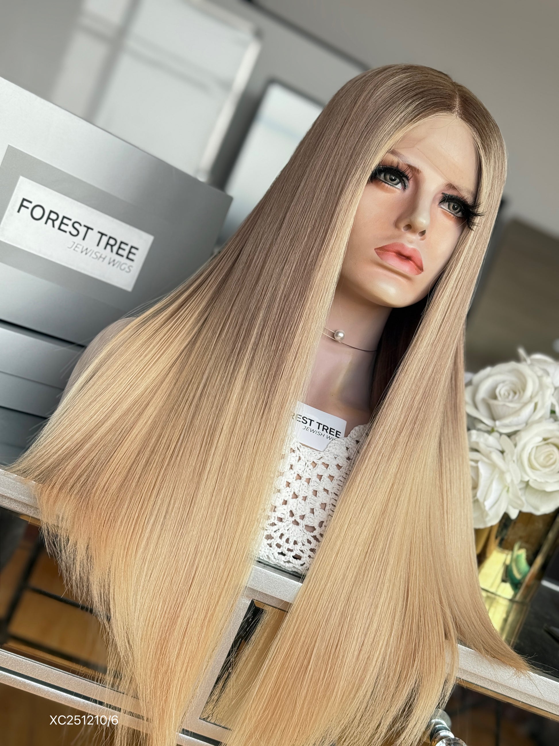 Champagne Blonde Middle-Part Long Straight Human Hair Sheitel Wig, product view 3
