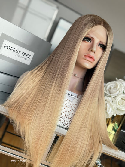 Champagne Blonde Middle-Part Long Straight Human Hair Sheitel Wig, product view 3