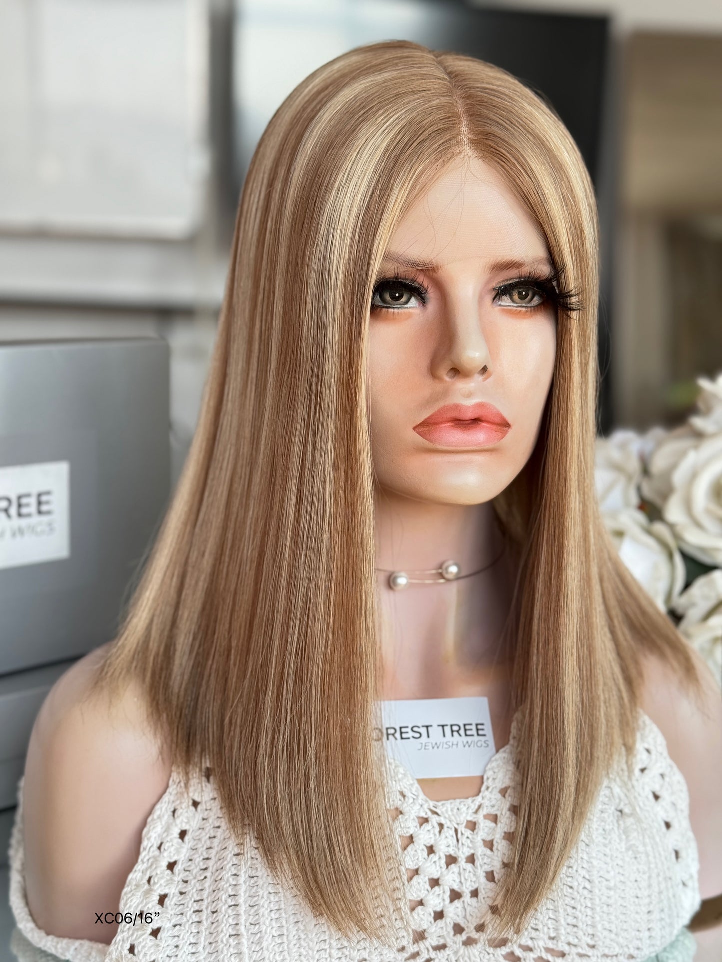 Caramel Blonde Middle-Part Shoulder-Length Straight Human Hair Sheitel Wig, product view 3