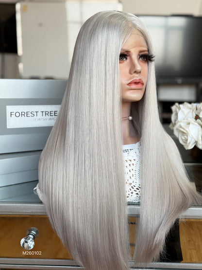 Platinum Blonde Middle-Part Long Straight Human Hair Sheitel Wig, product view 3