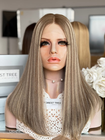 Highlighted Ash Blonde Middle-Part Shoulder-Length Straight Human Hair Sheitel Wig, product view 3
