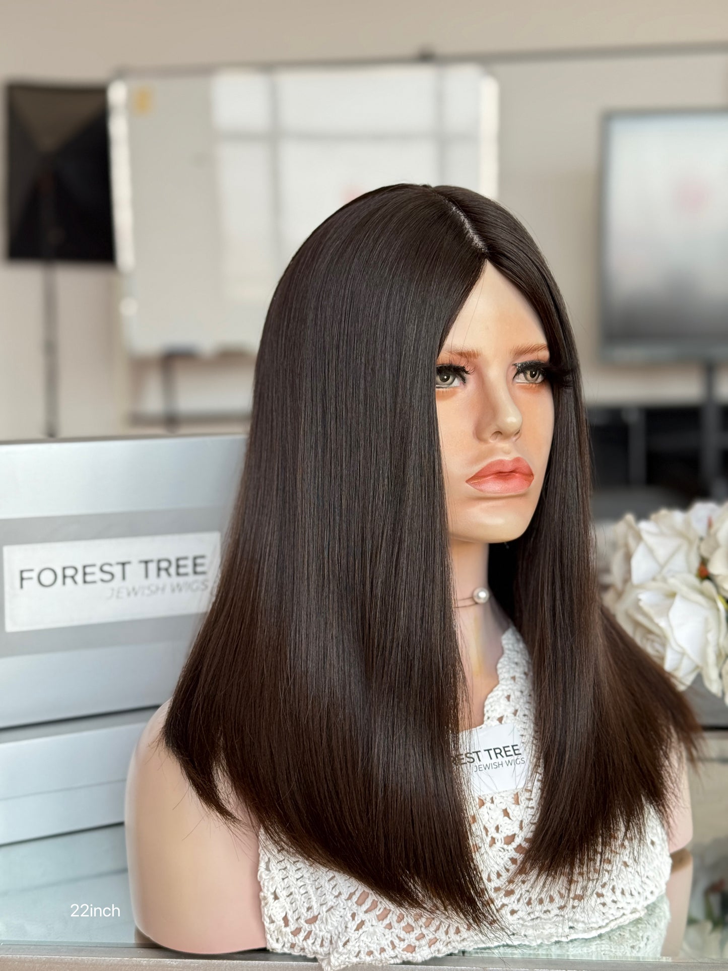Dark Chocolate Brown Middle-Part Long Straight Human Hair Sheitel Wig, product view 3