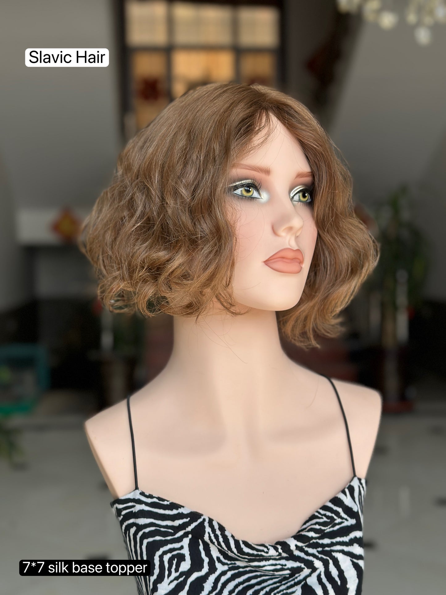 Light Ash Brown Short Curly Bob Human Hair Sheitel Wig, product view 3