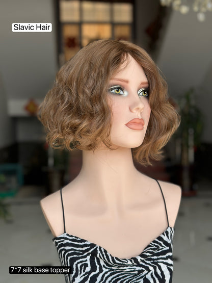 Light Ash Brown Short Curly Bob Human Hair Sheitel Wig, product view 3