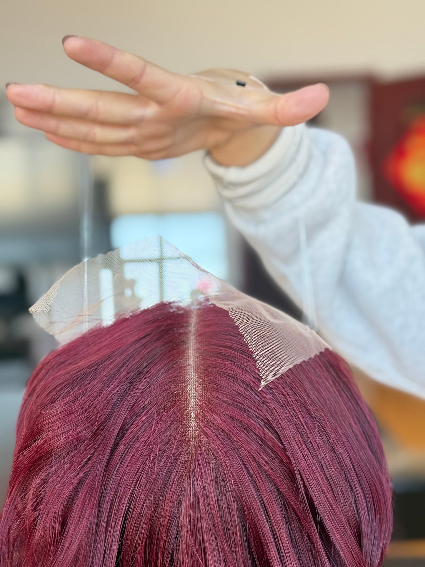 Burgundy Red Long Wavy Human Hair Topper Mini Wig, product view 4