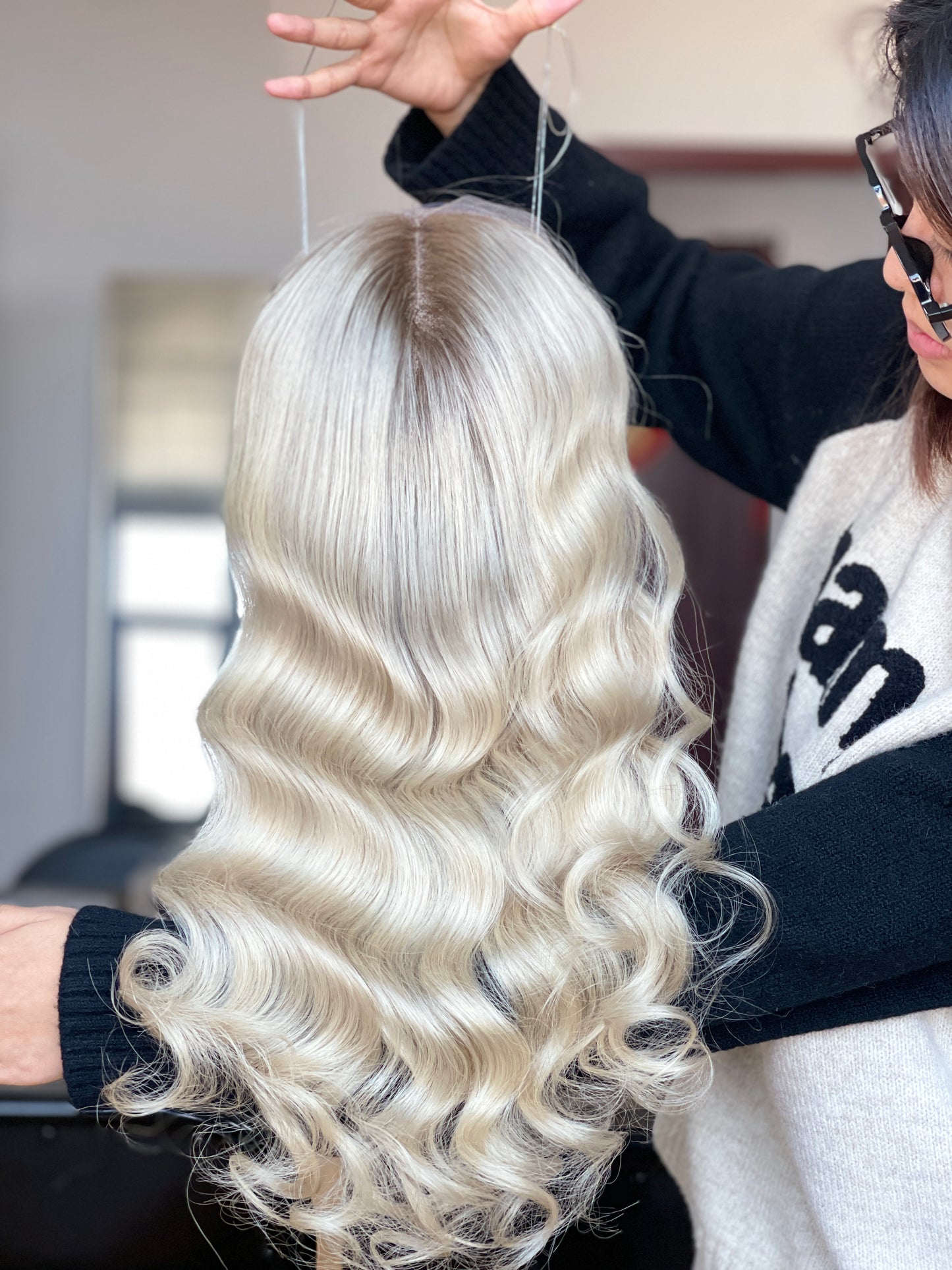Ash Blonde Center-Part Long Wavy Human Hair Topper Mini Wig, product view 4