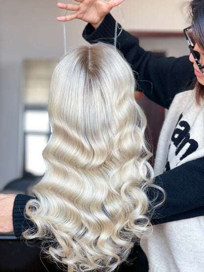 Ash Blonde Center-Part Long Wavy Human Hair Topper Mini Wig, product view 4