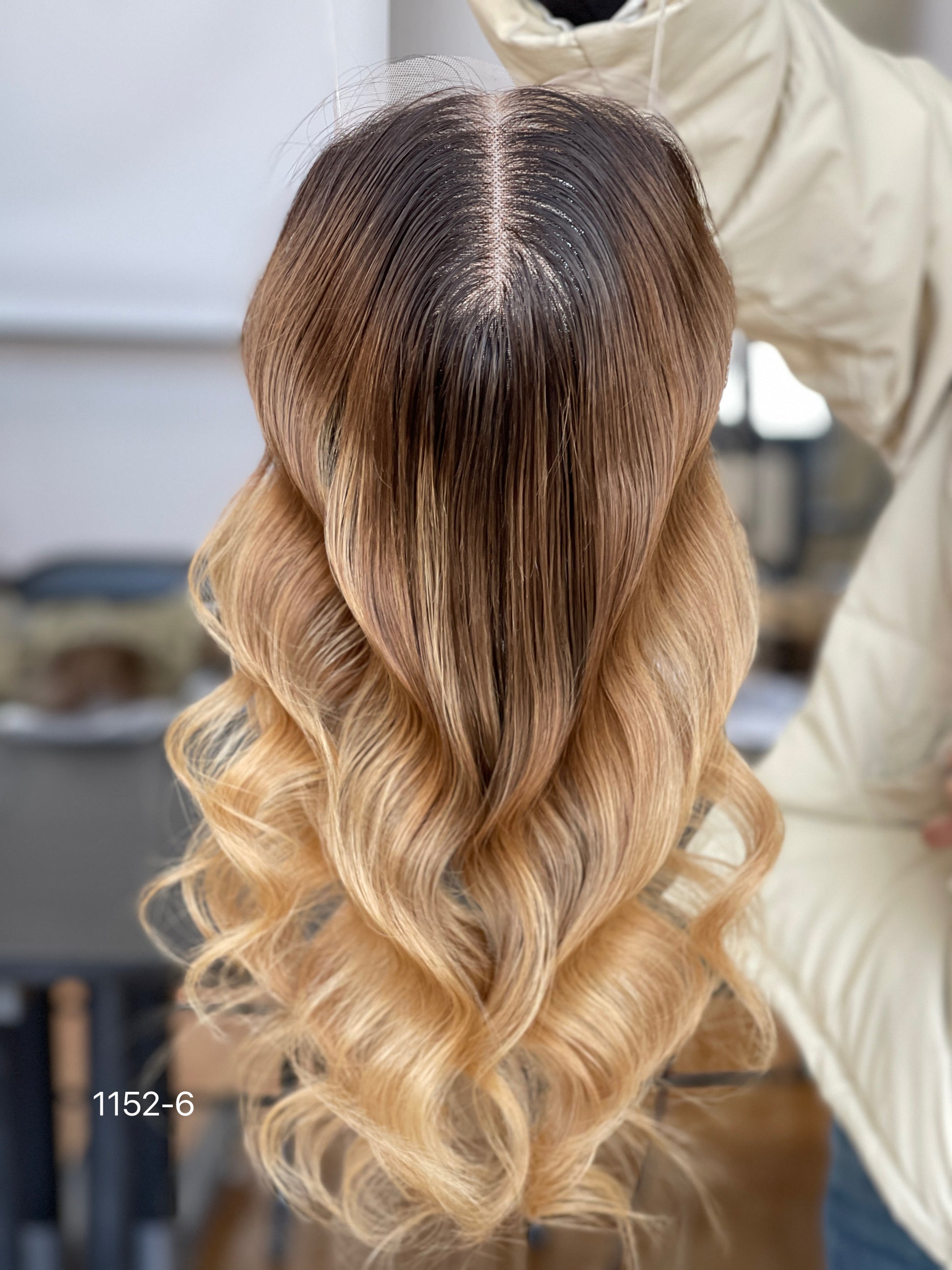 Chocolate Brown Dark-Root Caramel Highlighted Long Wavy Human Hair Topper Mini Wig, product view 2