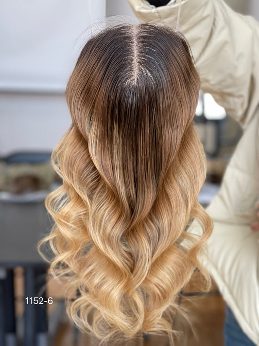 Chocolate Brown Dark-Root Caramel Highlighted Long Wavy Human Hair Topper Mini Wig, product view 2 — alternate view