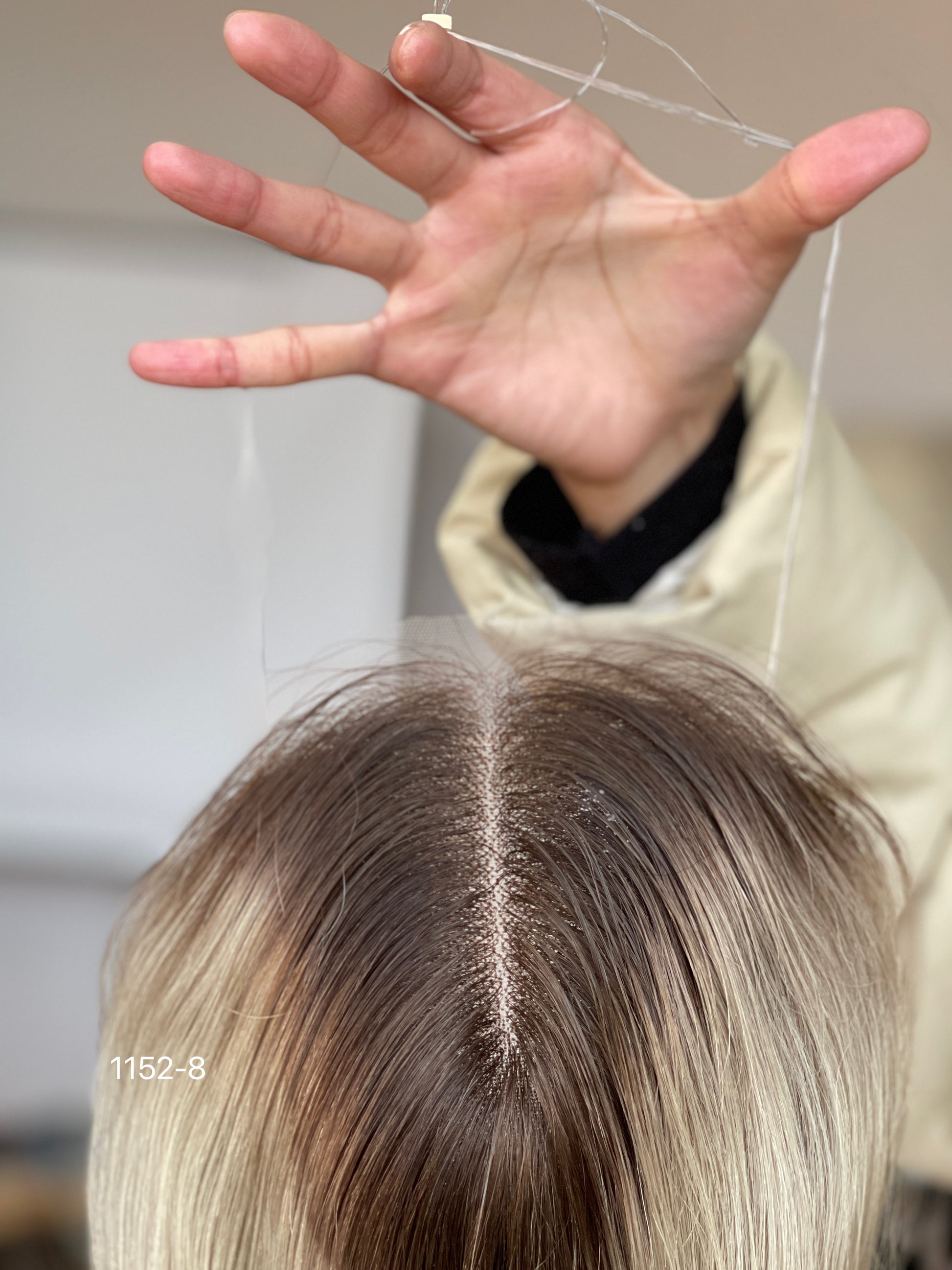 Chocolate Brown Dark-Root Blonde Highlighted Long Wavy Human Hair Topper Mini Wig, product view 2