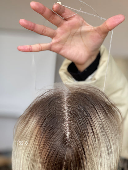 Chocolate Brown Dark-Root Blonde Highlighted Long Wavy Human Hair Topper Mini Wig, product view 2