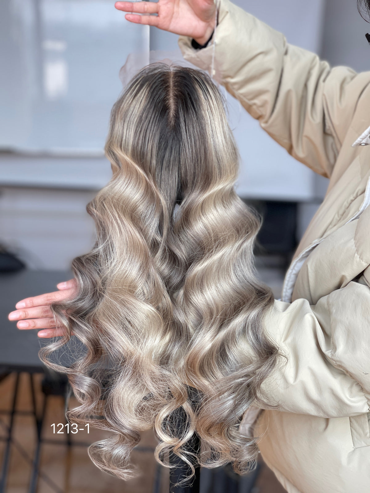 Ash Brown Dark-Root Blonde Highlighted Long Wavy Human Hair Topper Mini Wig, product view 3