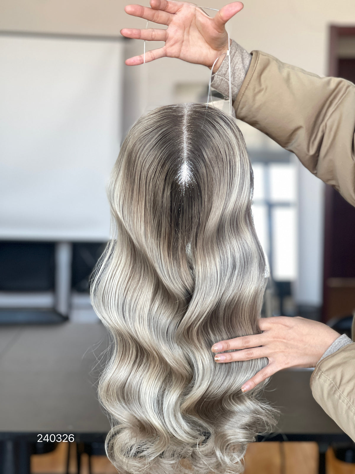 Light Blonde Dark-Root Long Wavy Human Hair Topper Mini Wig, product view 3