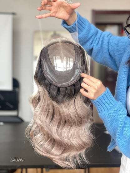 Chocolate Brown Dark-Root Long Wavy Human Hair Topper Mini Wig, product view 3