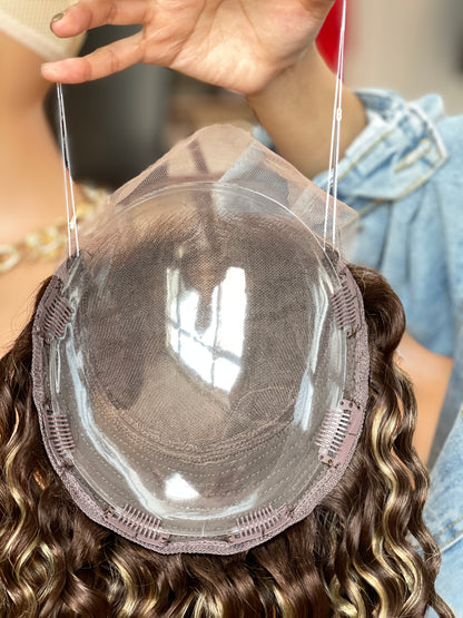 Warm Brown Long Curly Human Hair Topper Mini Wig, product view 4