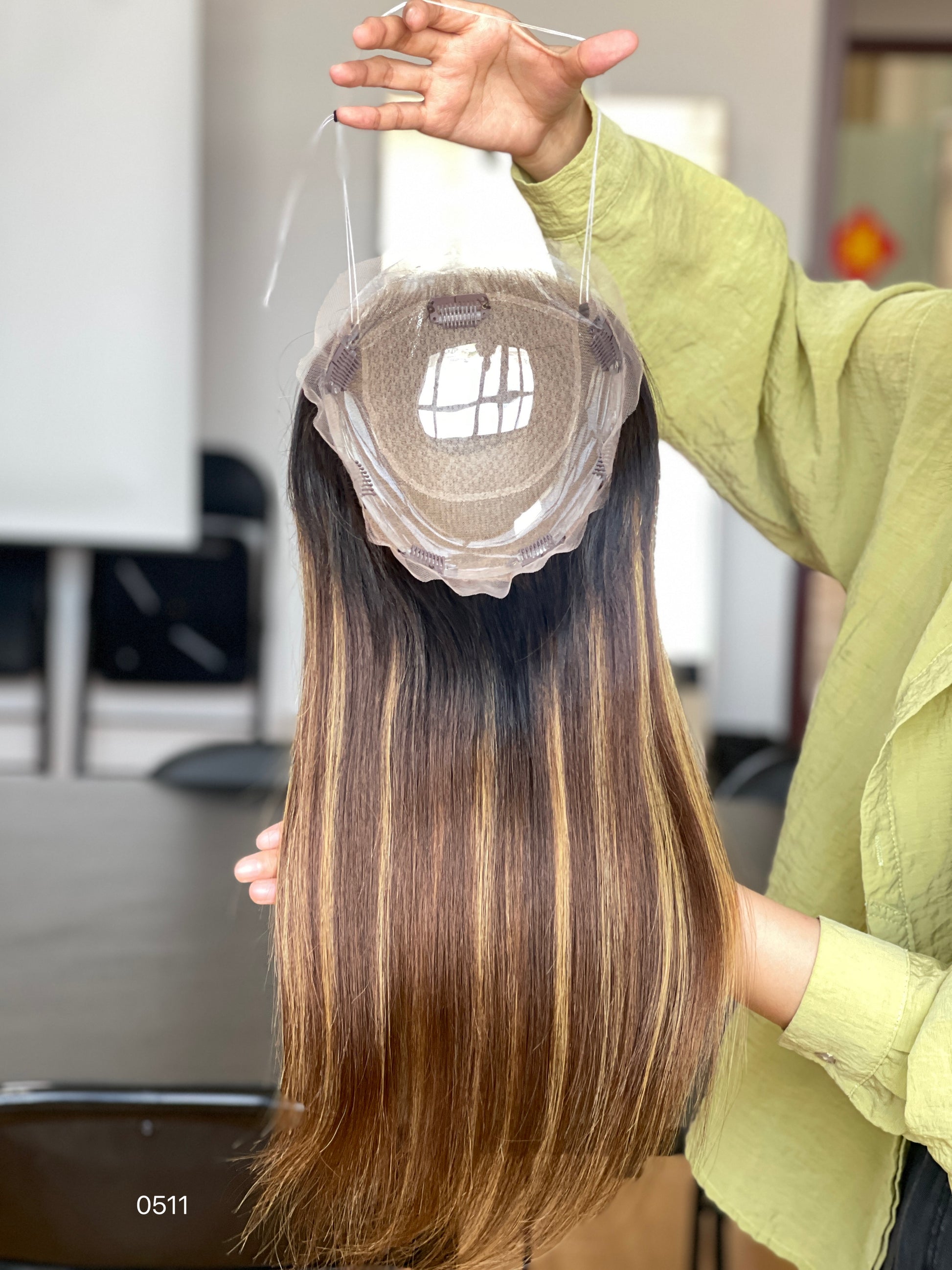 Chocolate Brown Blonde Highlighted Long Straight Human Hair Topper Mini Wig, product view 3