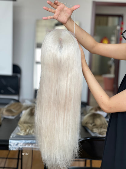 Ash Blonde Center-Part Long Straight Human Hair Topper Mini Wig, product view 2