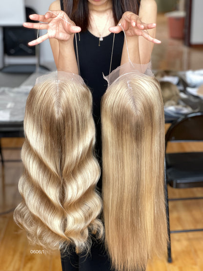 Chocolate Brown Center-Part Long Straight Human Hair Topper Mini Wig, product view 3