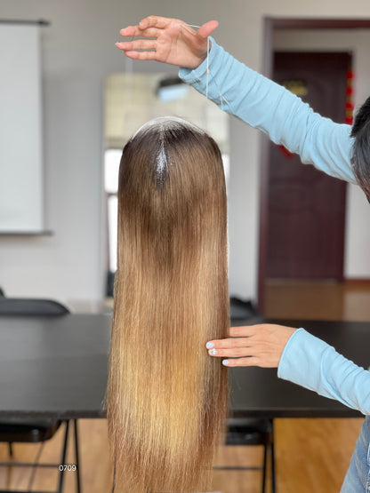 Ash Brown Dark-Root Long Straight Human Hair Topper Mini Wig, product view 2