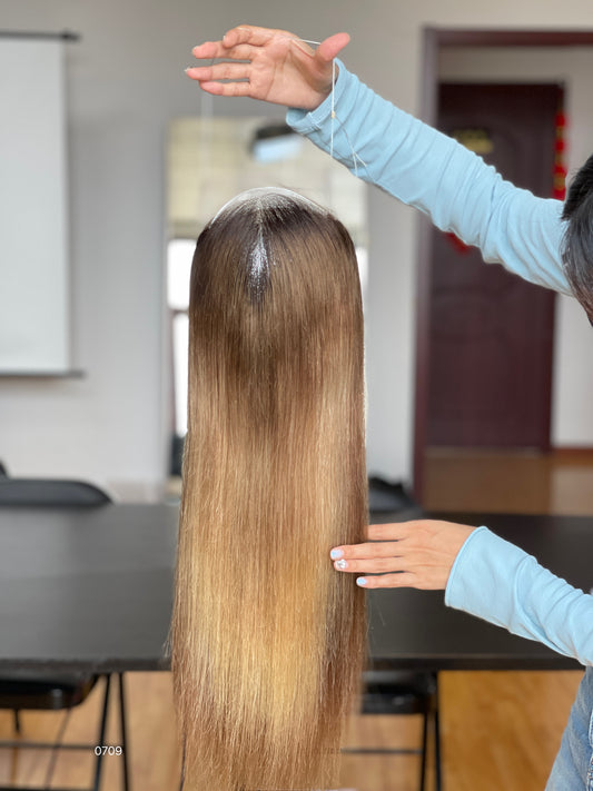 Ash Brown Dark-Root Long Straight Human Hair Topper Mini Wig, product view 2 — alternate view