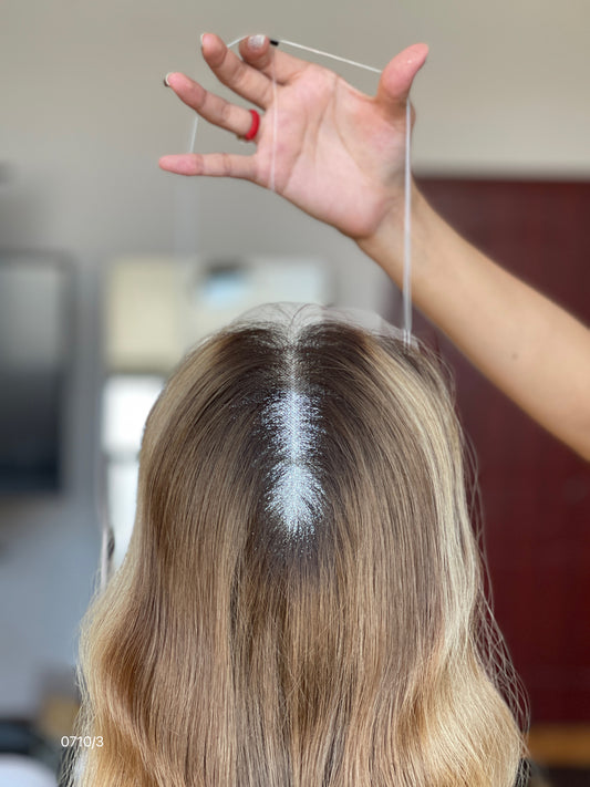 Warm Brown Dark-Root Blonde Highlighted Center-Part Long Wavy Human Hair Topper Mini Wig, product view 2 — alternate view