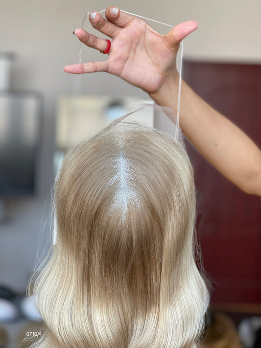 Ash Brown Dark-Root Long Wavy Human Hair Topper Mini Wig, product view 2 — alternate view