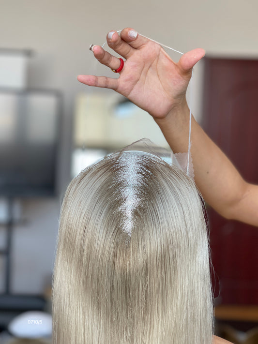 Ash Brown Center-Part Long Straight Human Hair Topper Mini Wig, product view 2 — alternate view