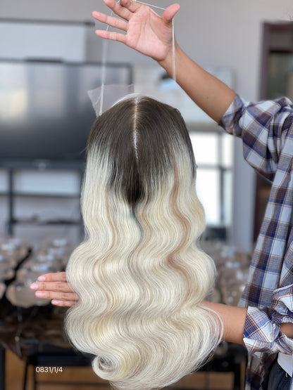 Ash Blonde Dark-Root Long Wavy Human Hair Topper Mini Wig, product view 1