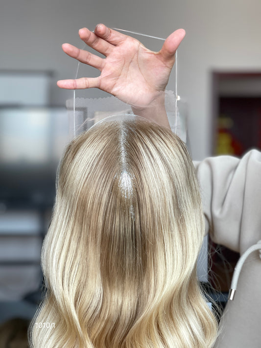 Ash Blonde Long Wavy Human Hair Topper Mini Wig, product view 2 — alternate view