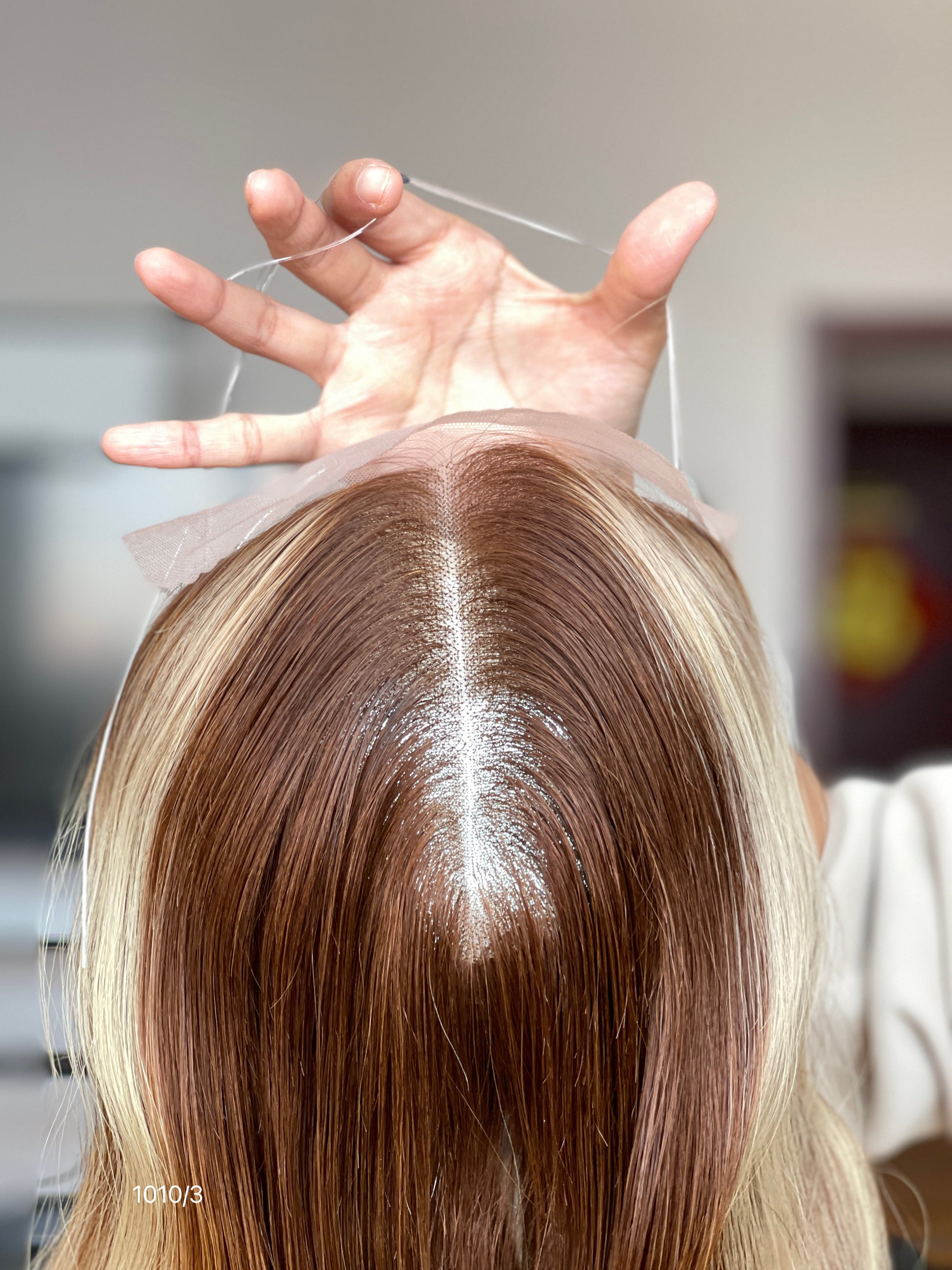 Chocolate Brown Blonde Highlighted Long Wavy Human Hair Topper Mini Wig, product view 2