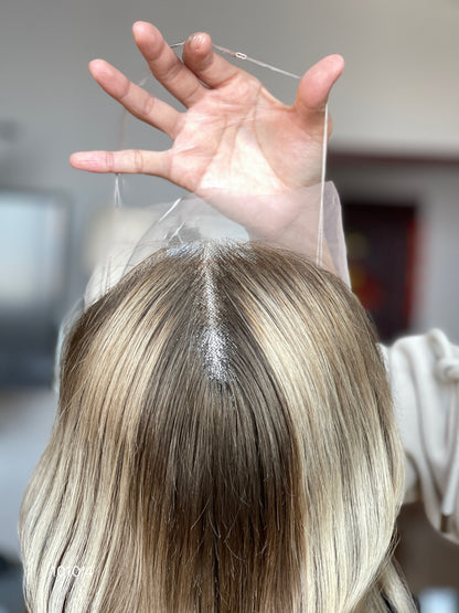 Chocolate Brown Rooted Ash Blonde Long Wavy Human Hair Topper Mini Wig, product view 2