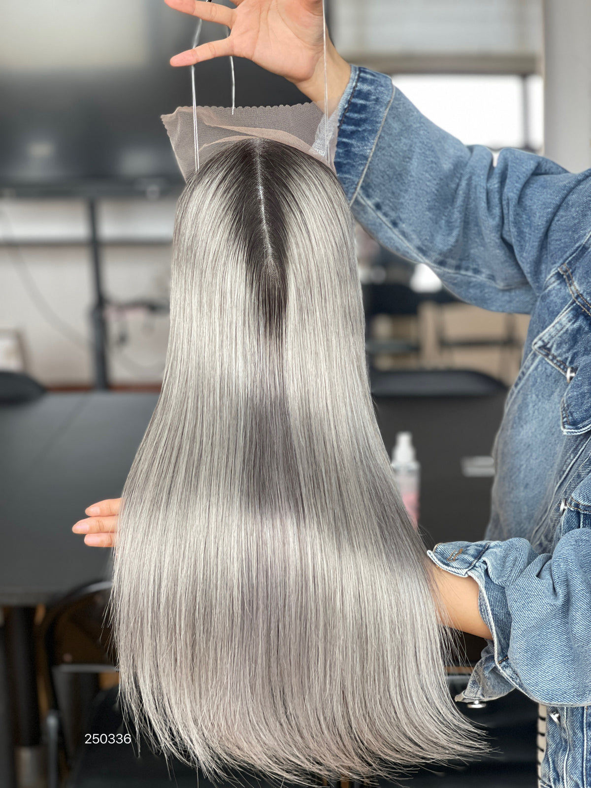 Silver Ash Blonde Long Straight Human Hair Topper Mini Wig, product view 3