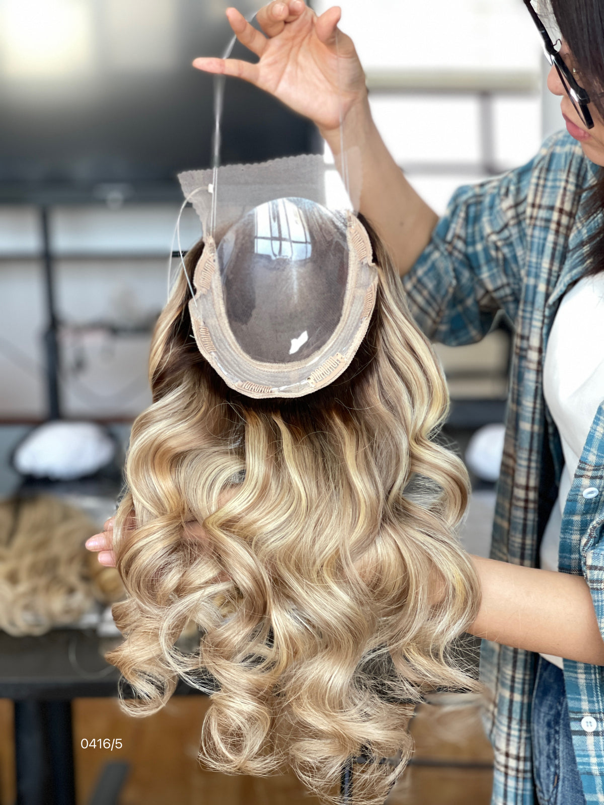 Chocolate Brown Rooted Blonde Long Wavy Human Hair Topper Mini Wig, product view 3