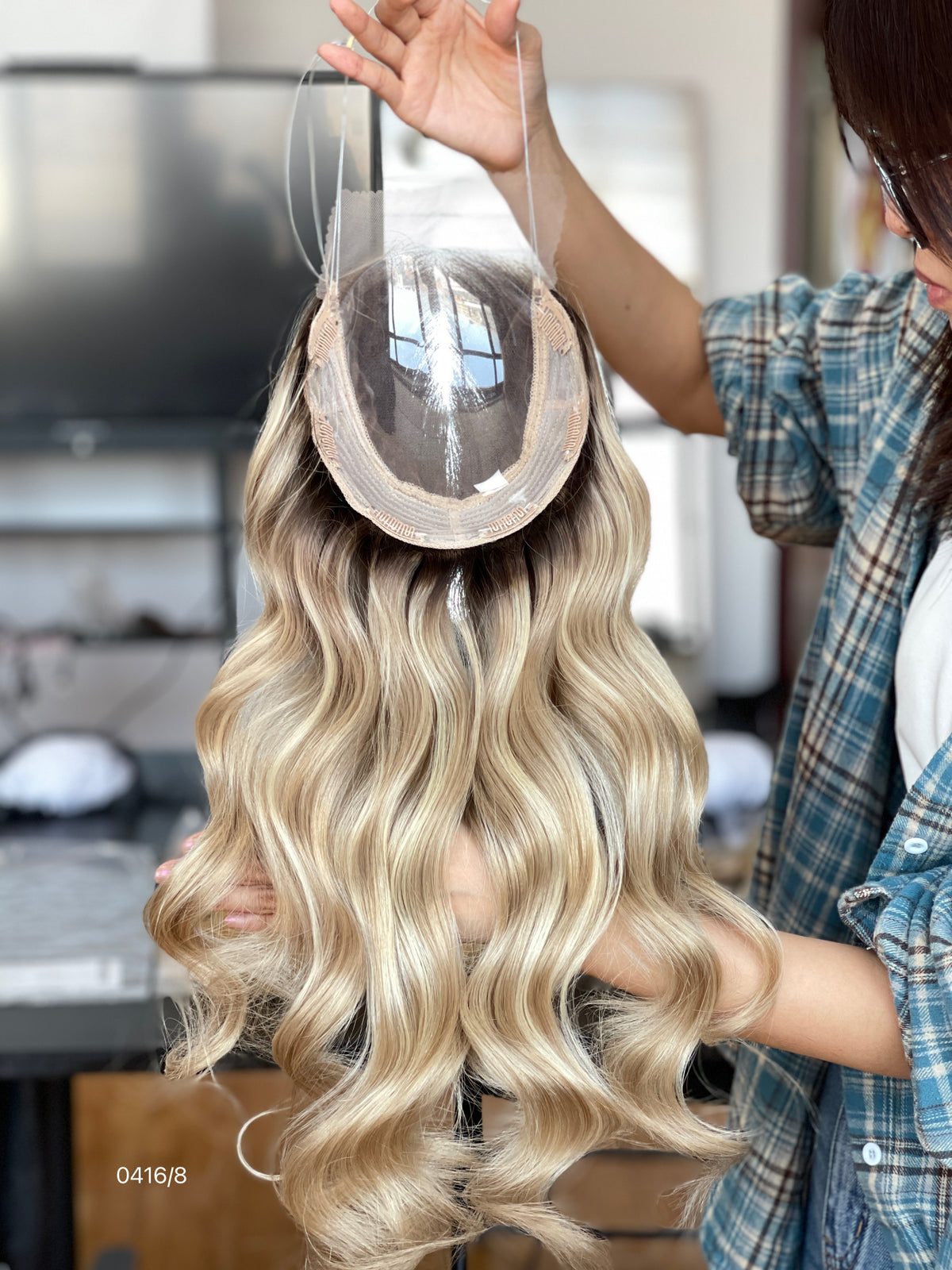 Chocolate Brown Rooted Blonde Long Wavy Human Hair Topper Mini Wig, product view 3