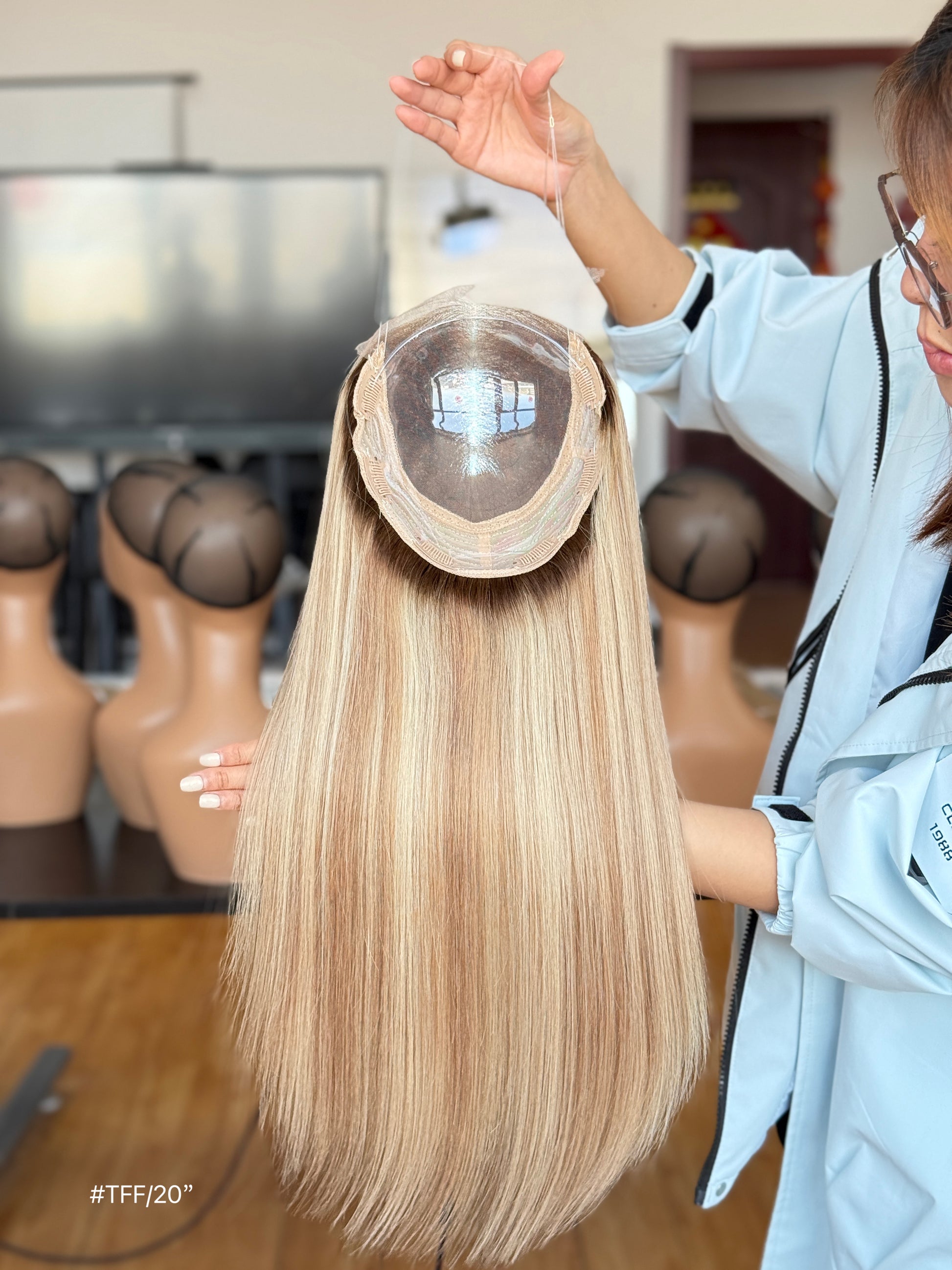 Light Blonde Long Straight Human Hair Topper Mini Wig, product view 3