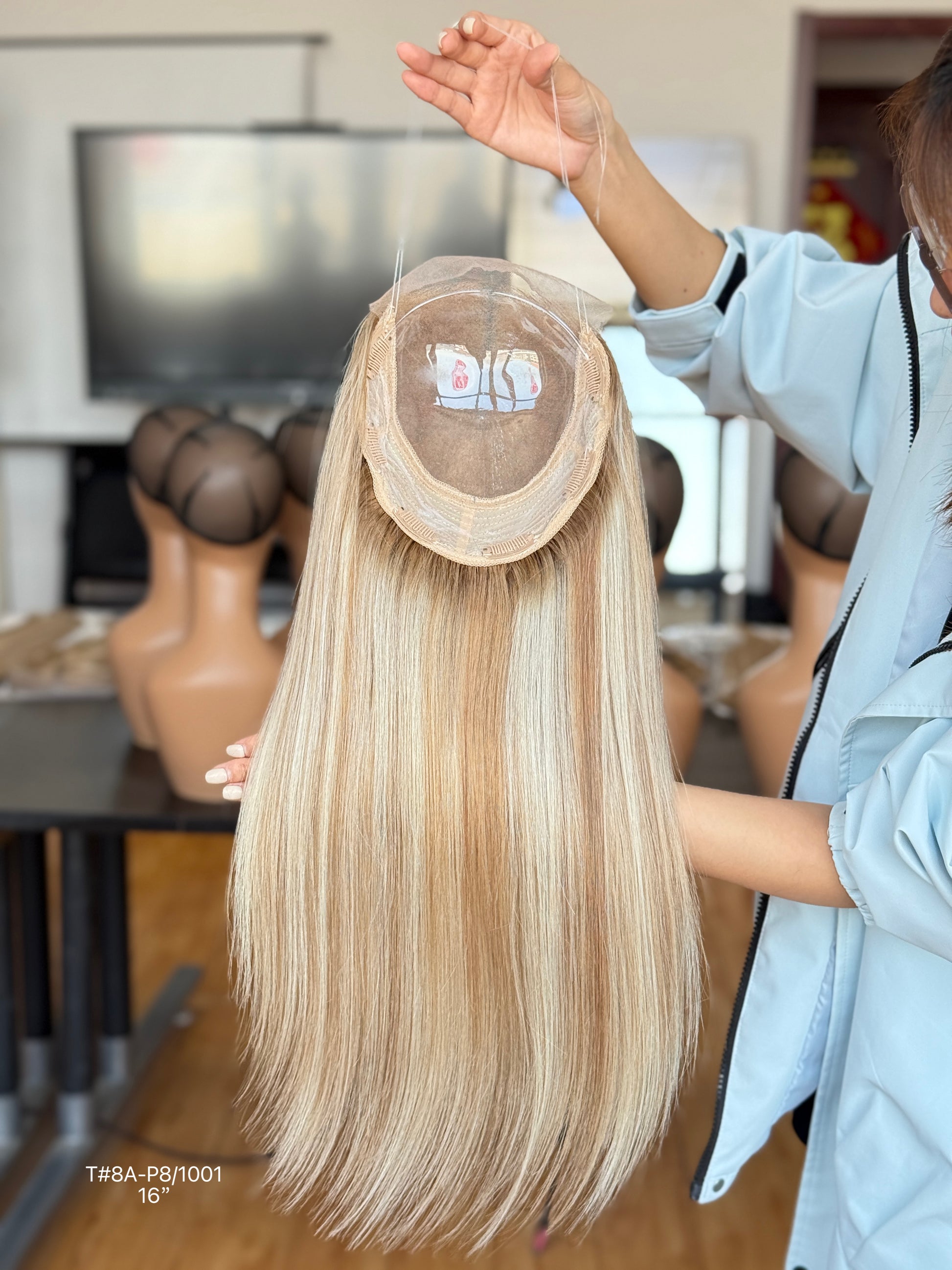 Light Blonde Long Straight Human Hair Topper Mini Wig, product view 3