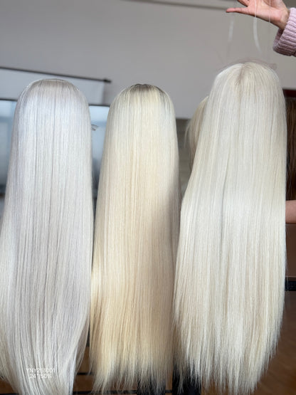 Platinum Blonde Long Straight Human Hair Topper Mini Wig, product view 3
